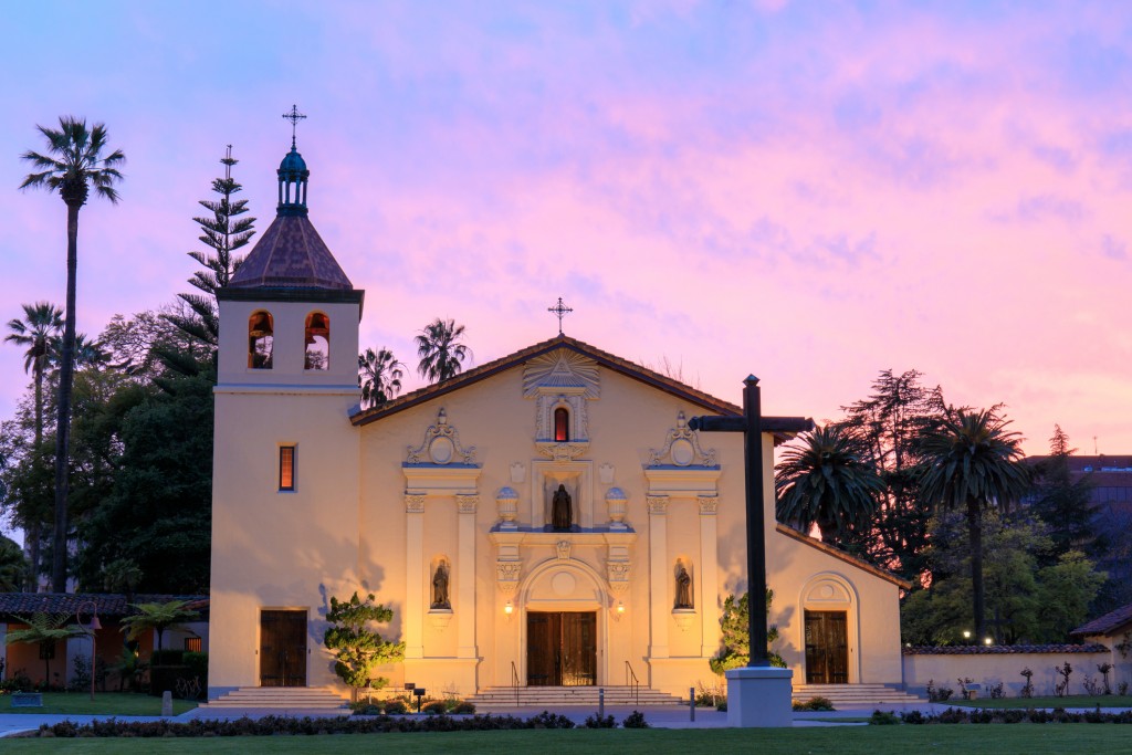 The front facade of Mission Santa Clara, student chapel of Santa Clara